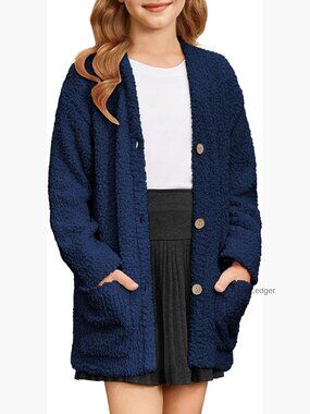 Girls Open Front Cardigan Long Sleeve Popcorn Knit Sweater with Pockets